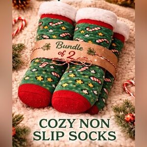 Set of 2 Cozy Non Slip Socks Candy Cane Star Holiday Lounge Bundle